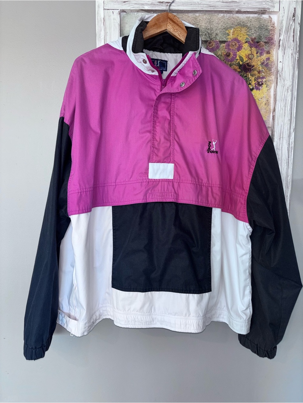 90s PGA Tour Golf Colorblock Pink Black Windbreaker Jacket XL Hidden Hood Vented